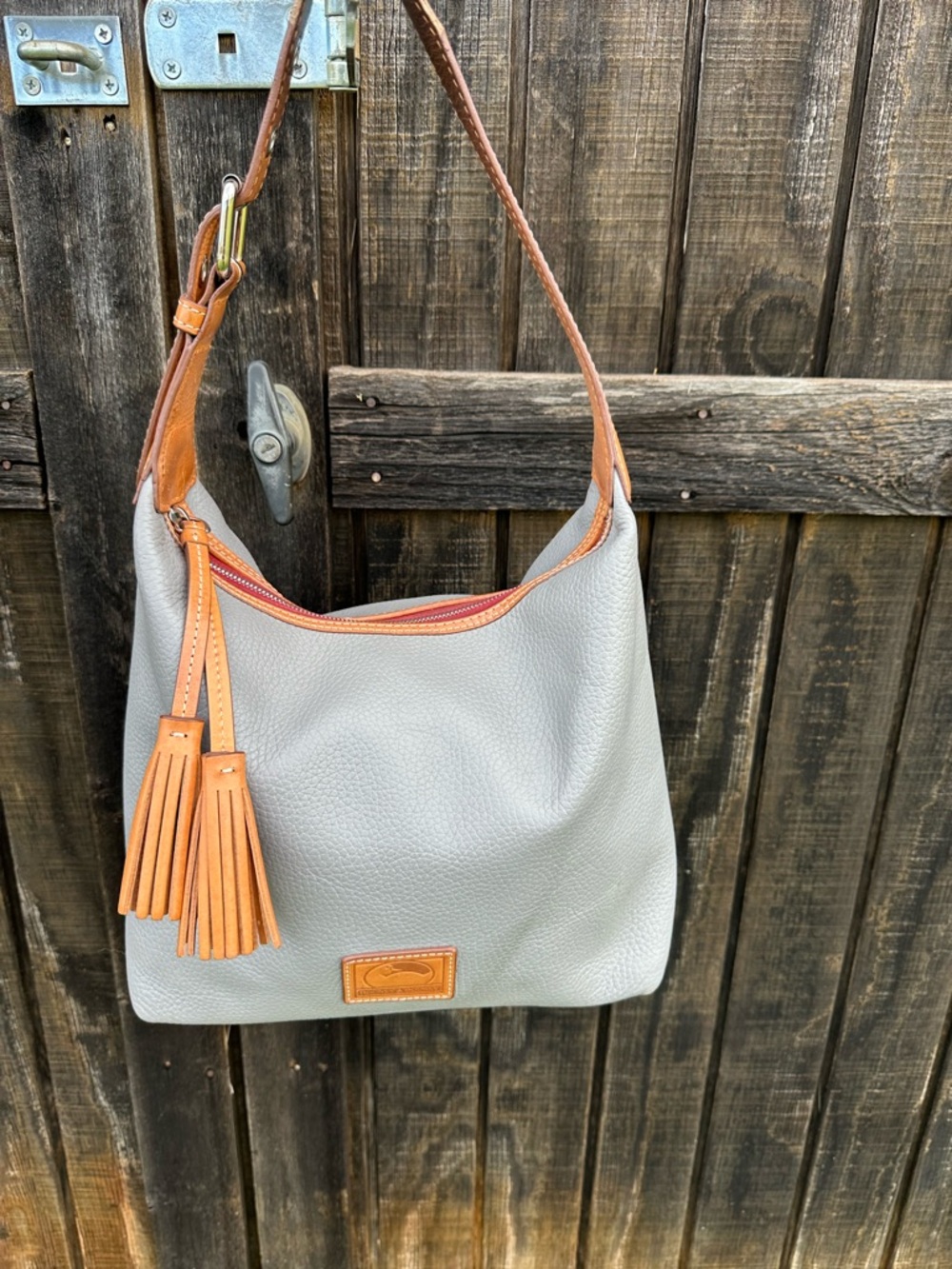 Dooney & Bourke Light Gray Pebble Leather Hobo with Tan Trim